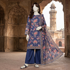Navy blue floral printed 3-piece unstitched lawn suit on mannequin.