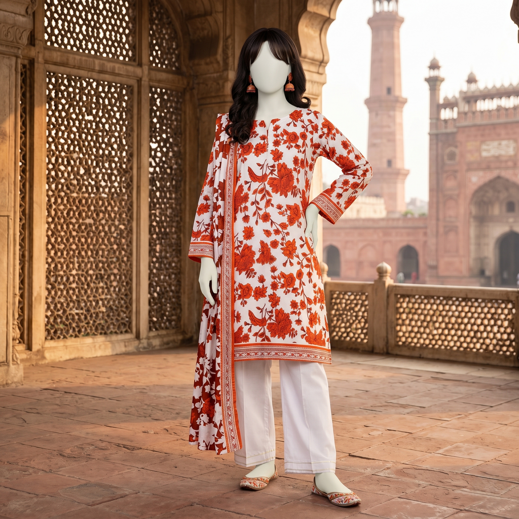 Mannequin wearing a 3-piece white and orange floral printed lawn unstitched suit with a matching dupatta.