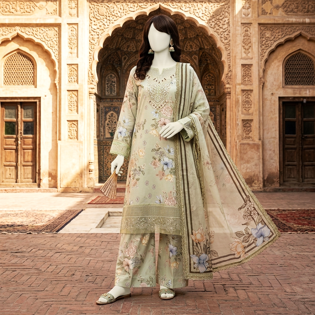 Elegant floral printed breathable cotton 3-piece unstitched suit displayed on a mannequin in a traditional architectural setting.