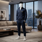 A mannequin standing confidently in a modern living space, wearing the navy tech-fleece tracksuit from ZH2 Store.