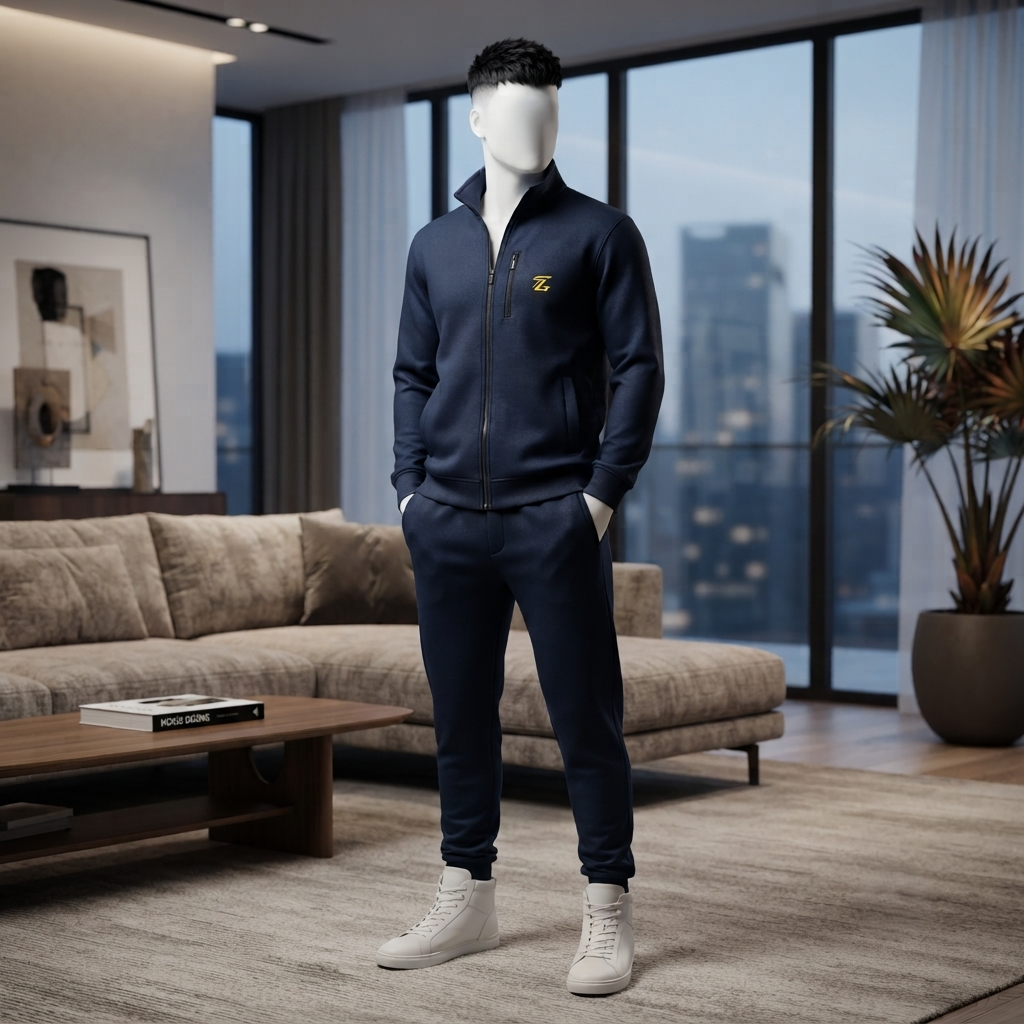 A mannequin standing confidently in a modern living space, wearing the navy tech-fleece tracksuit from ZH2 Store.