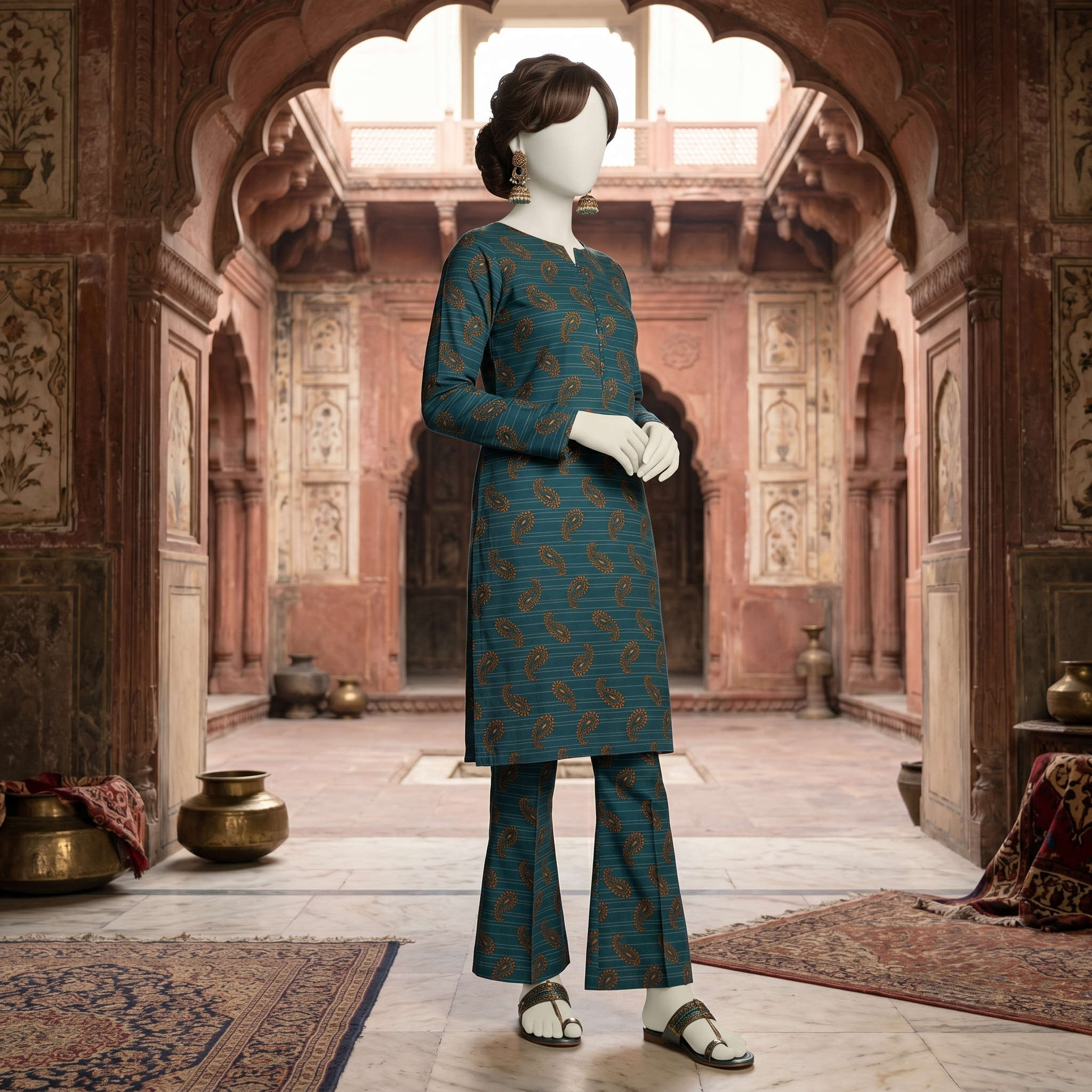 "Mannequin wearing a premium 2-piece unstitched cotton silk suit with  paisley print - ZH2 Store."