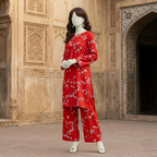 "Woman wearing a premium cotton-silk unstitched 2-piece suit with soft-toned elegant prints from ZH2 Store."