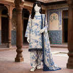 A mannequin wearing a light-coloured lawn suit with blue floral prints and lace border details, standing in a traditional architectural setting.