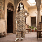 Front view of a mannequin wearing a beige paisley-printed 3-piece unstitched lawn suit from ZH2 Store.