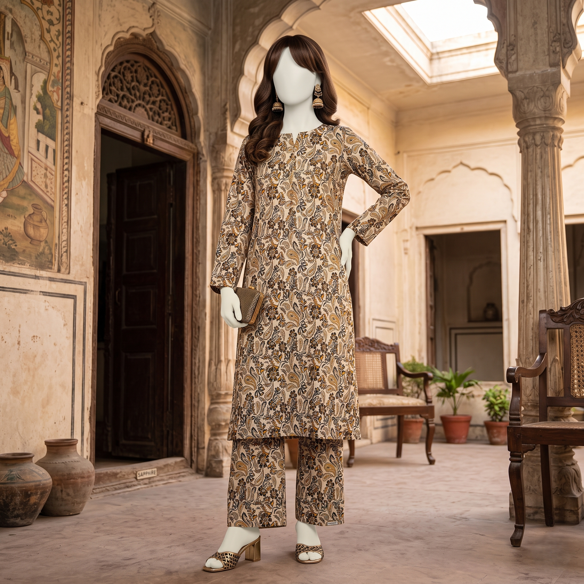 Front view of a mannequin wearing a beige paisley-printed 3-piece unstitched lawn suit from ZH2 Store.