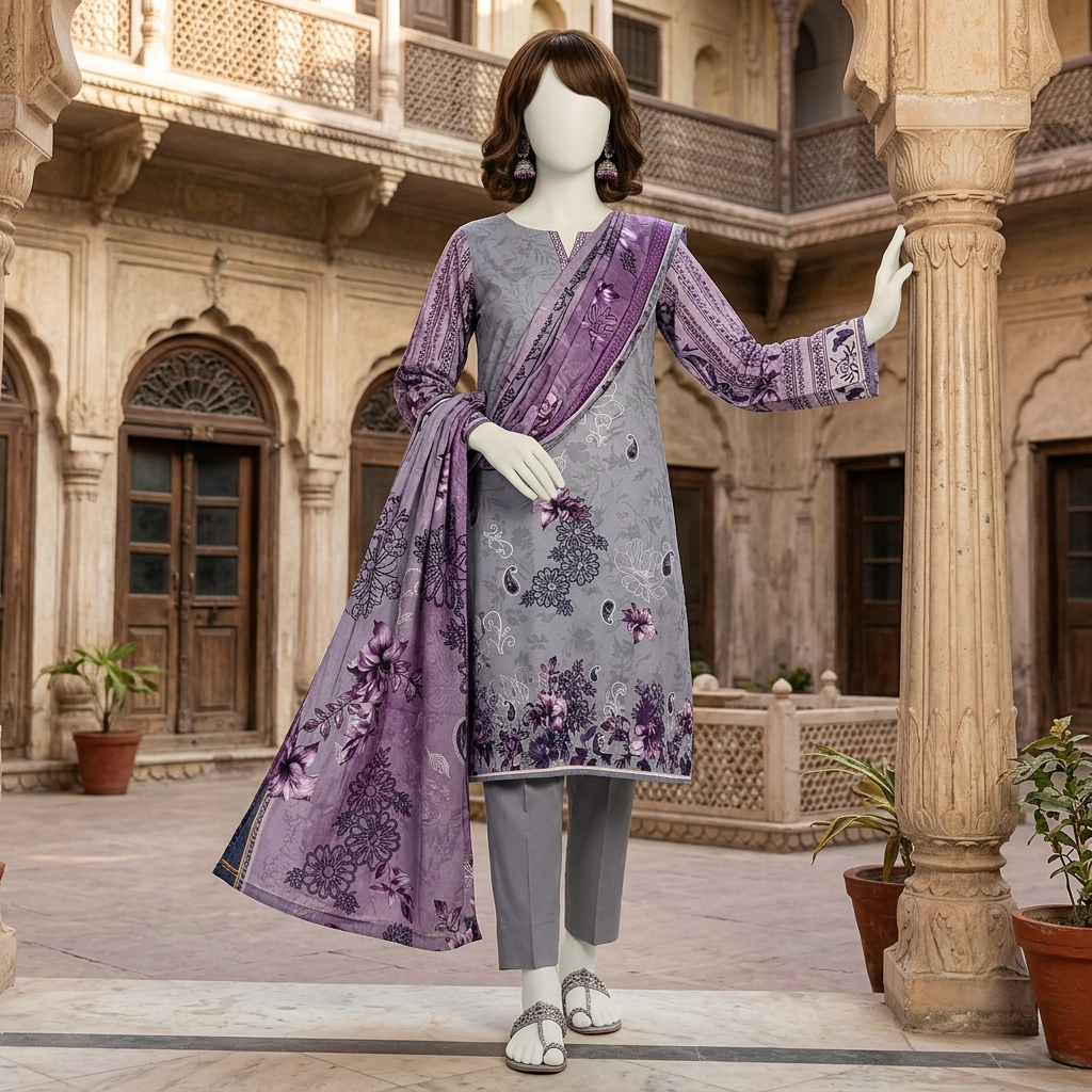 ZH2 Store 3-piece unstitched printed lawn suit with floral patterns on a mannequin.
