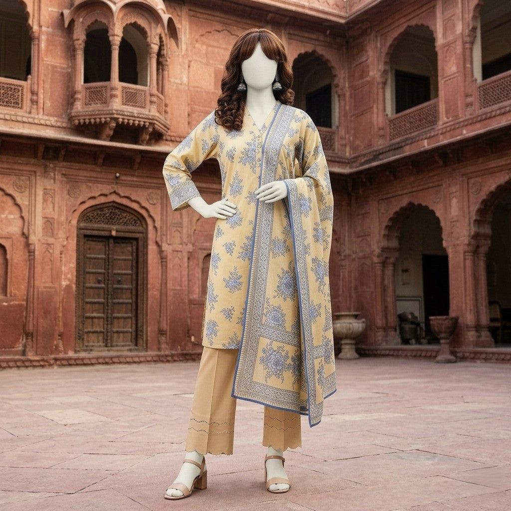 ZH2 Store Elegant Floral Printed 3-Piece Unstitched Lawn Suit