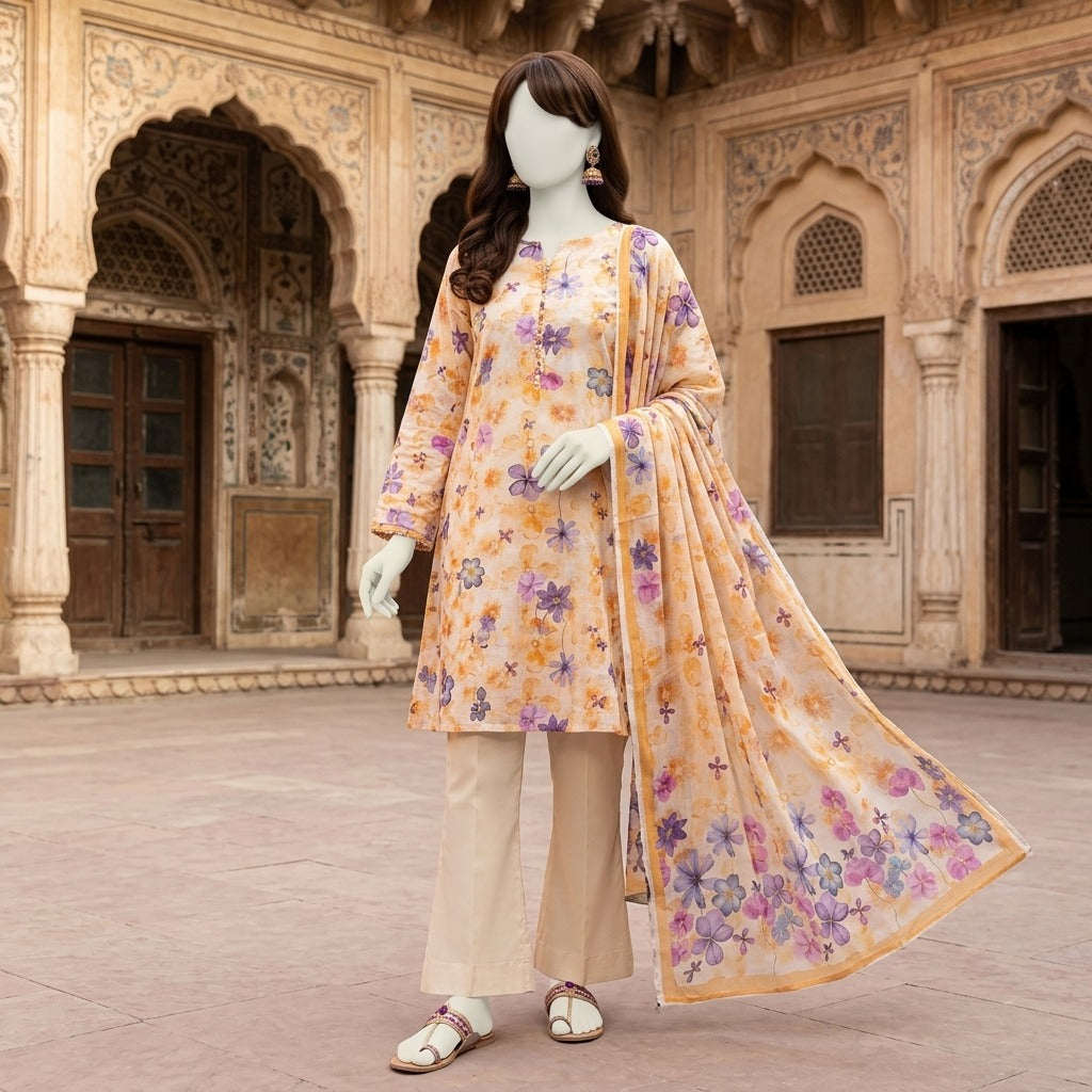 ZH2 Store Elegant Floral Printed 3-Piece Unstitched Lawn Suit