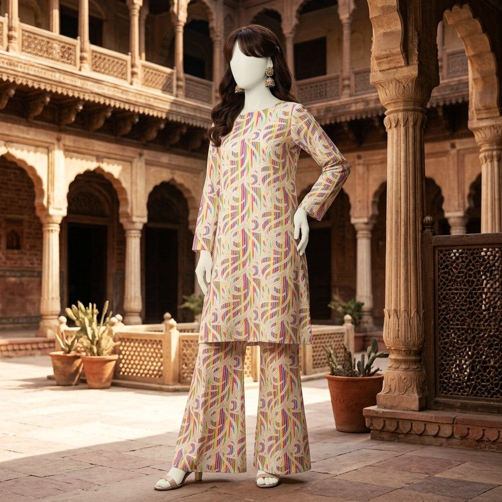 A mannequin wearing a  3-piece unstitched lawn suit.