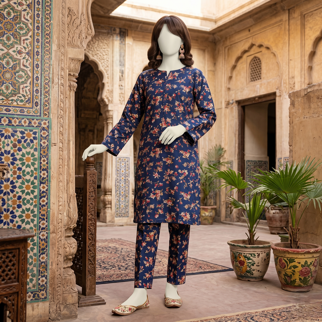 "Woman wearing a premium cotton-silk unstitched 2-piece suit with a vibrant floral print from ZH2 Store."