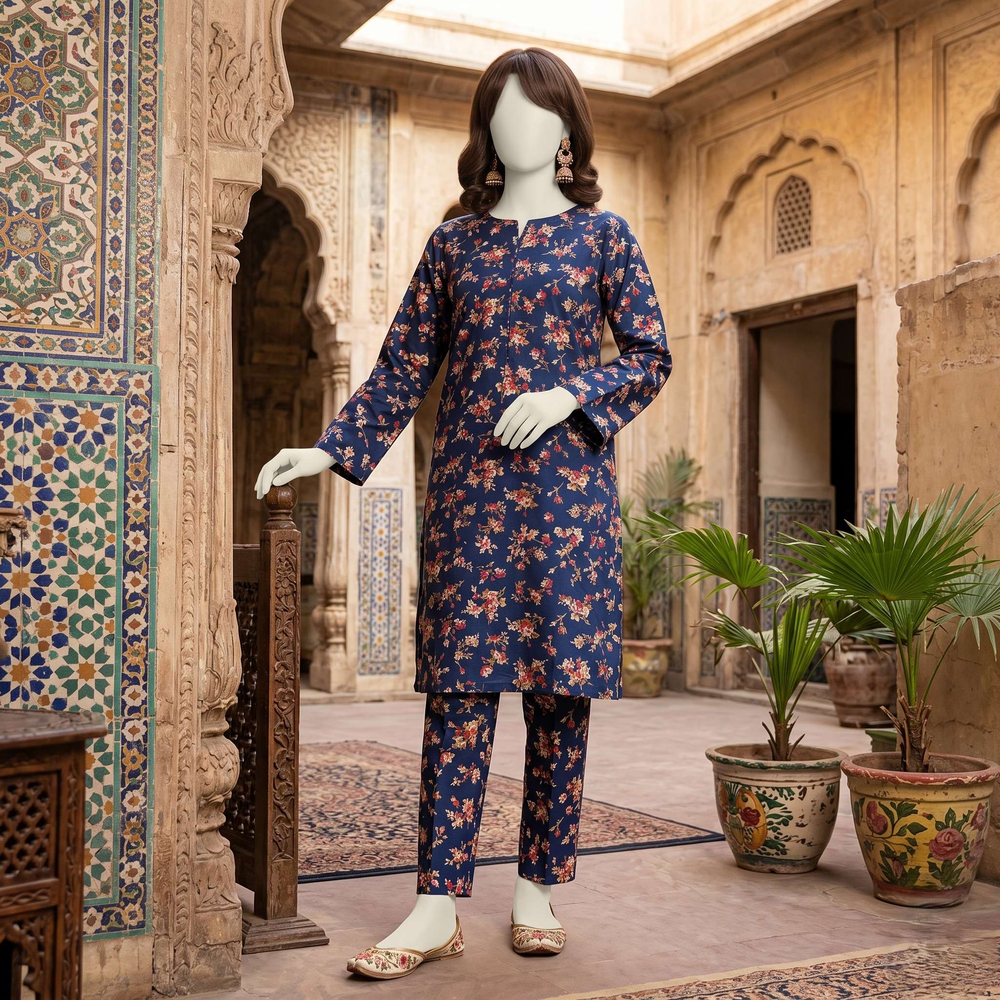 "Woman wearing a premium cotton-silk unstitched 2-piece suit with a vibrant floral print from ZH2 Store."