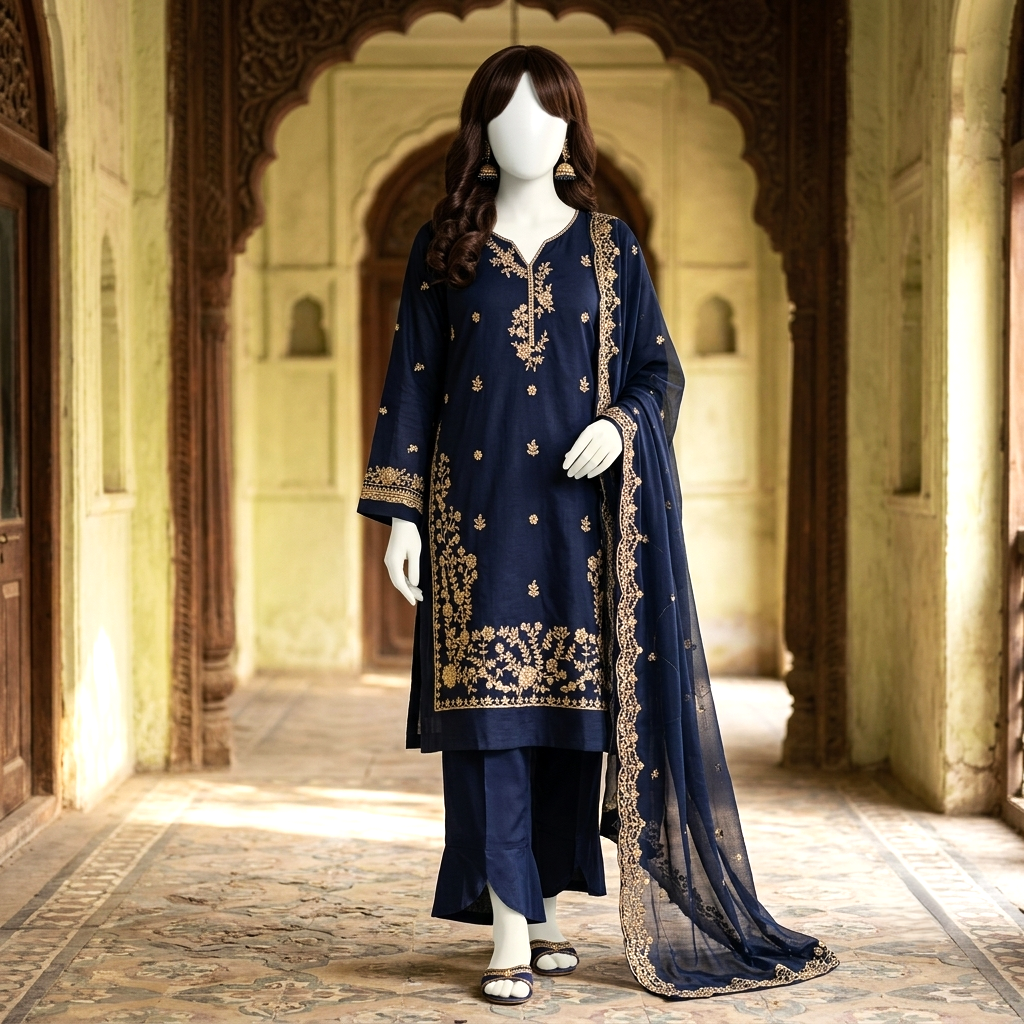 A mannequin displaying a navy blue lawn suit with intricate gold embroidery and a matching dupatta in a traditional setting.