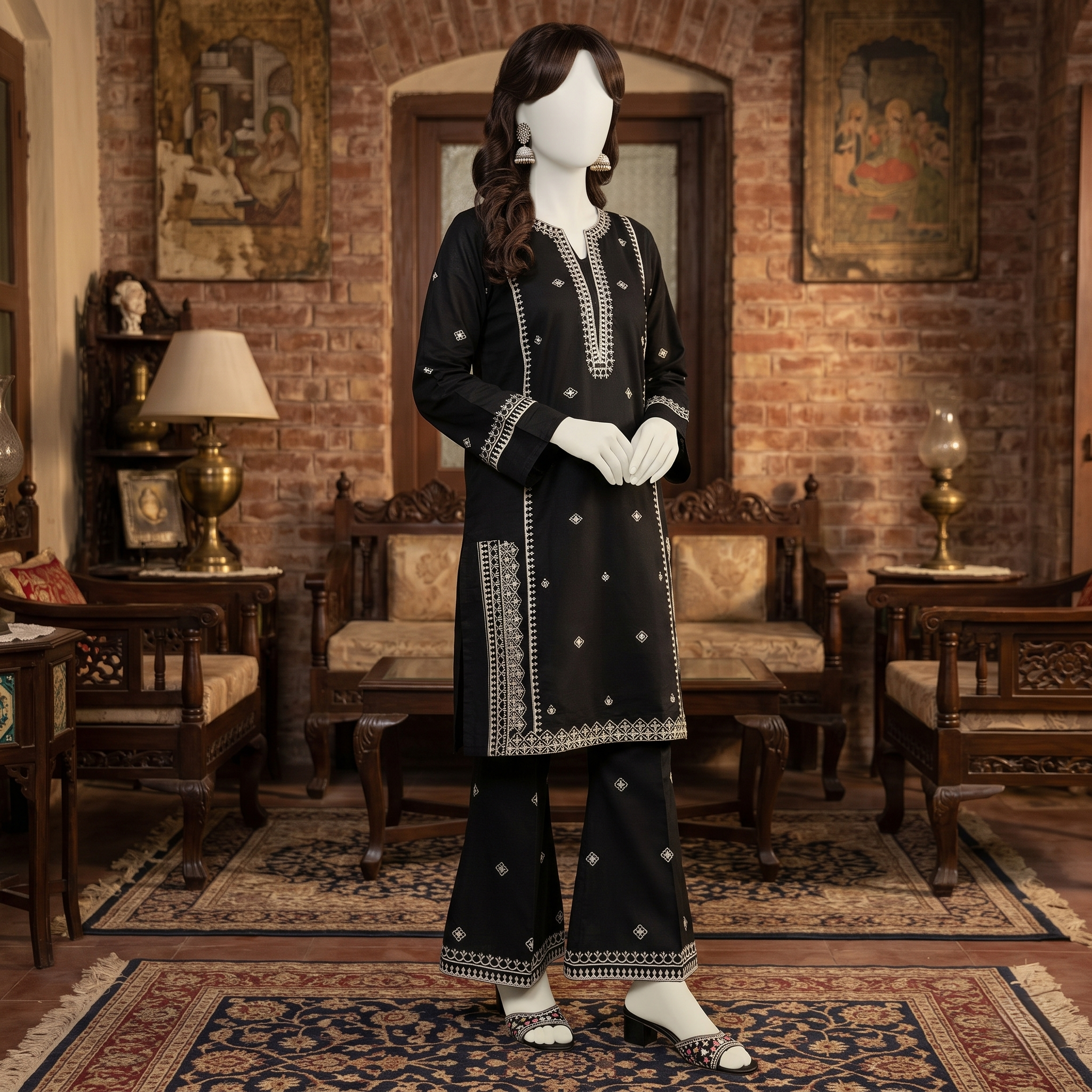 Premium 2-piece printed unstitched lawn suit collection by ZH2 Store, featuring a 2.2-meter shirt and 2.2-meter trouser fabric with intricate floral and ethnic designs displayed on a mannequin.