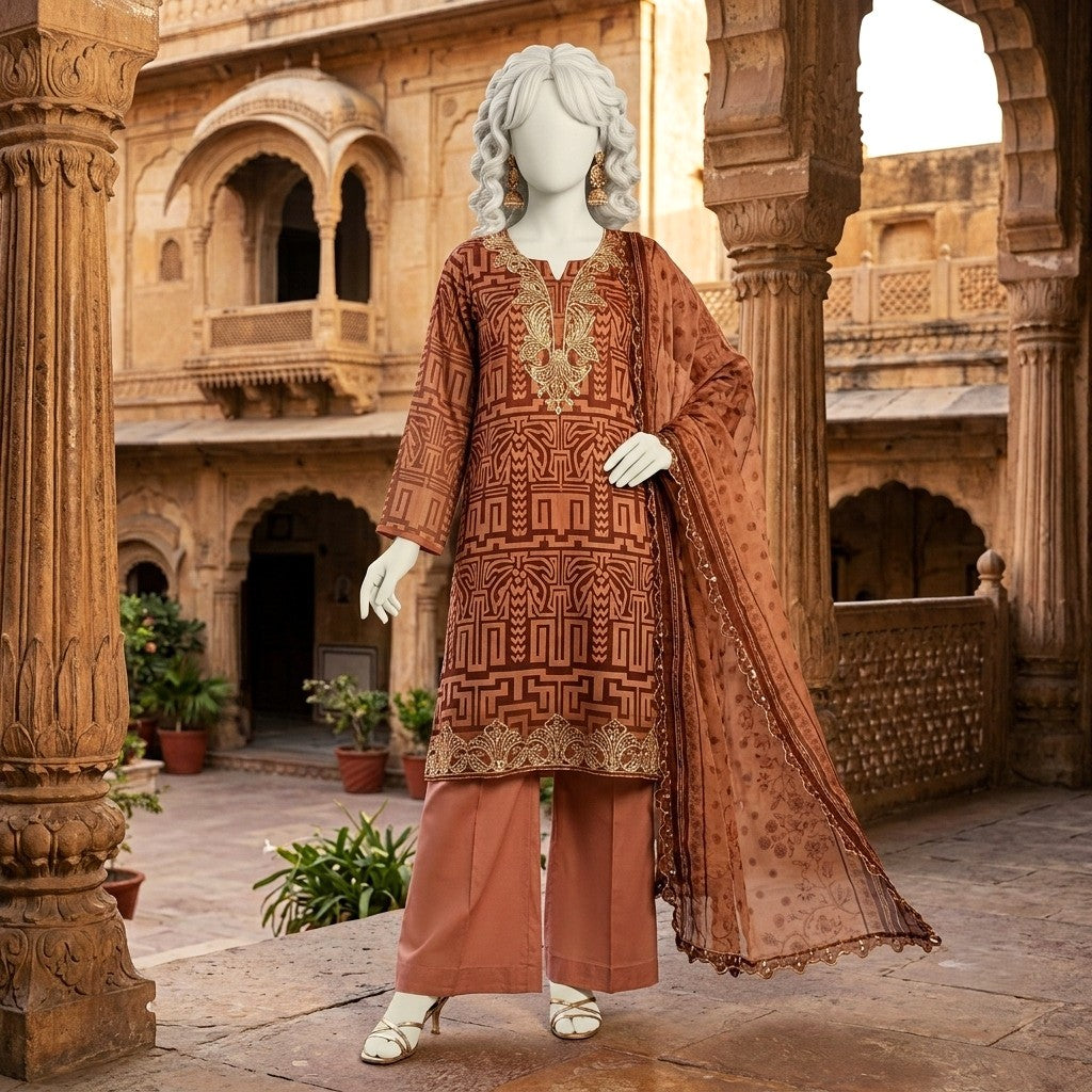 A mannequin wearing a warm brown geometric printed lawn suit with embroidered neckline and daman border details.