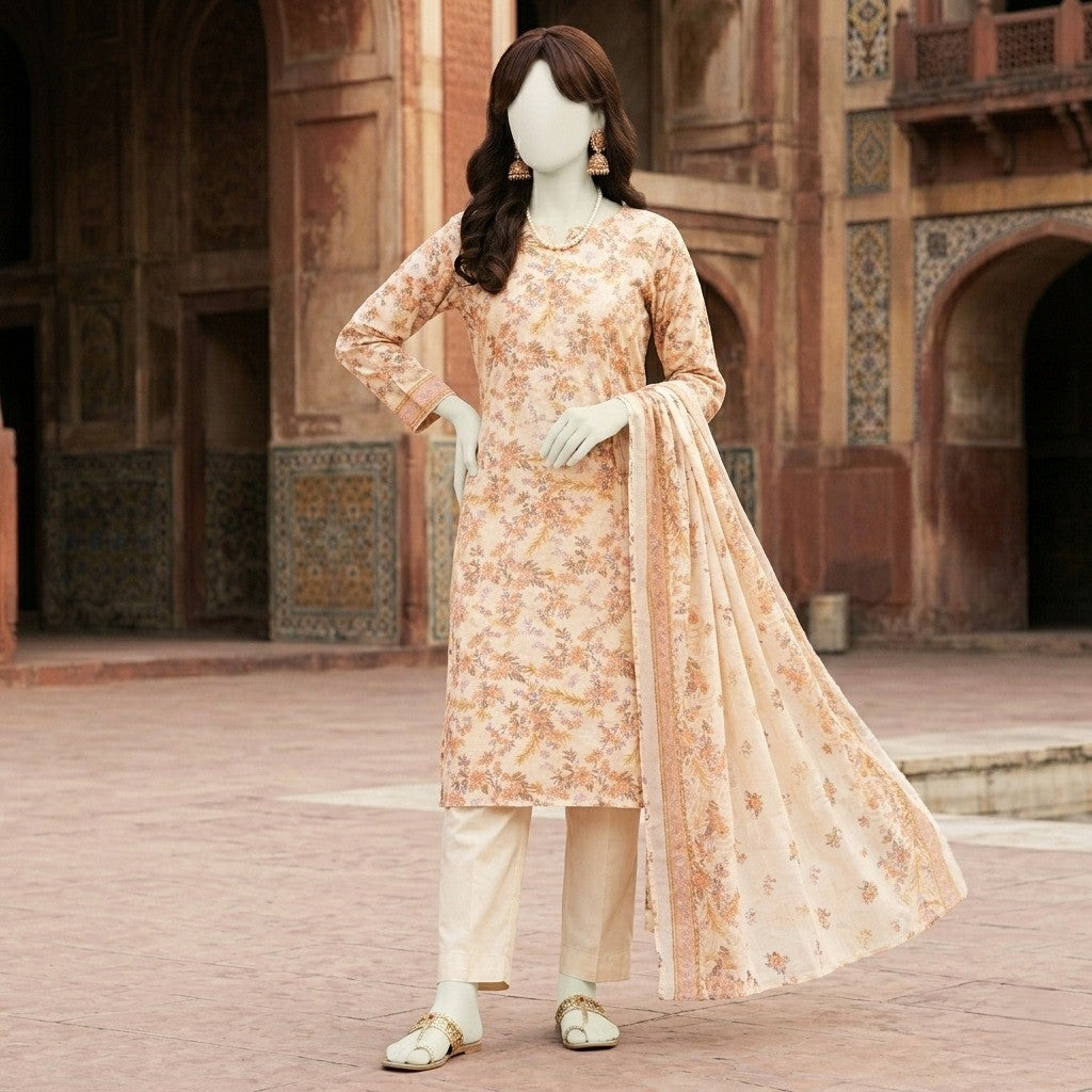 ZH2 Store Elegant Floral Printed 3-Piece Unstitched Lawn Suit