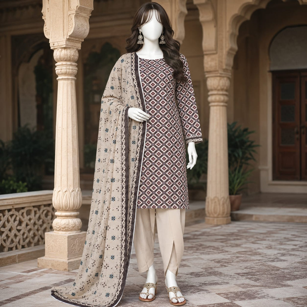 Zh2 Store Elegant Printed Lawn 3-Piece Unstitched Suit