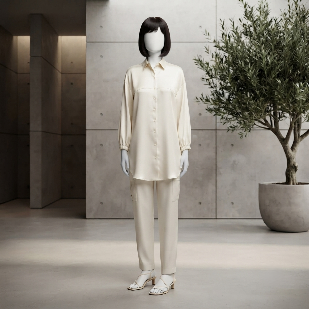 A mannequin wearing a cream silk formal shirt and matching trousers, displayed in a modern, neutral-toned interior.