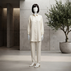 A mannequin wearing a cream silk formal shirt and matching trousers, displayed in a modern, neutral-toned interior.