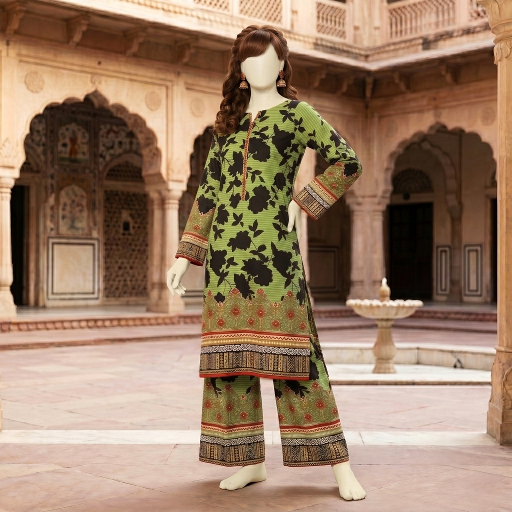 Premium 2-piece unstitched cotton lawn suit with floral print and traditional chunri border by ZH2 Store.