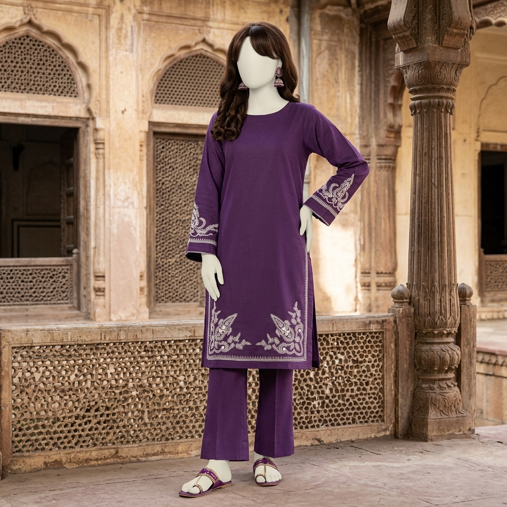 Premium 2-piece embroidered unstitched lawn suit collection by ZH2 Store, featuring a 1.2-meter embroidered shirt and 2.2-meter trouser fabric with intricate ethnic designs displayed on a mannequin.