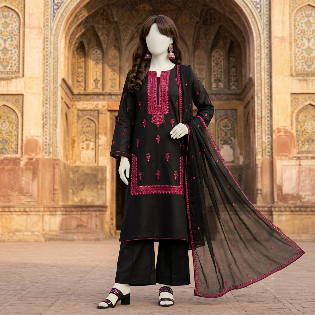 Black 3-piece unstitched lawn suit featuring vibrant fuchsia embroidery on the shirt and matching dupatta, displayed on a mannequin.