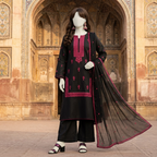 Black 3-piece unstitched lawn suit featuring vibrant fuchsia embroidery on the shirt and matching dupatta, displayed on a mannequin.