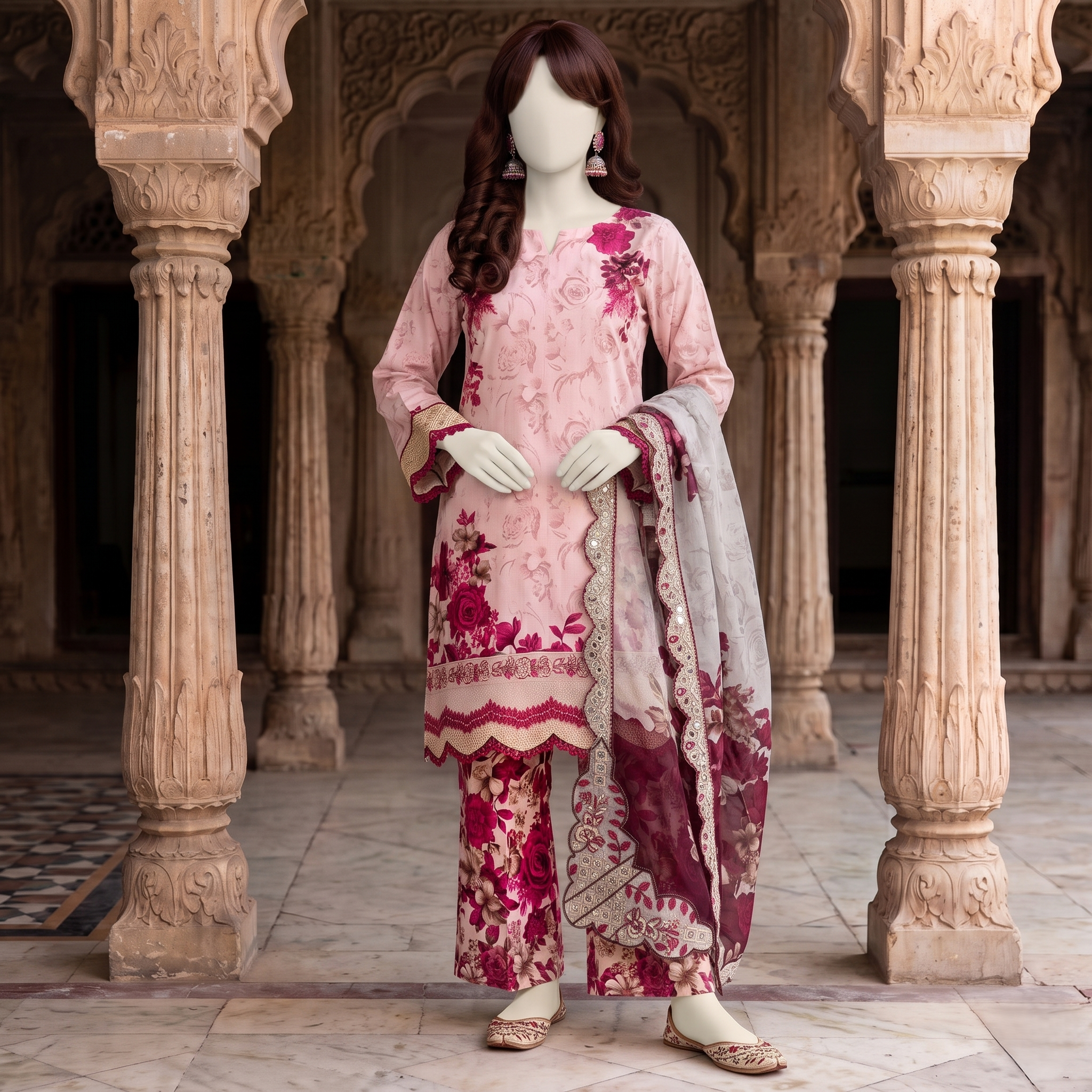 Model wearing a floral printed breathable cotton 3-piece unstitched suit with detailed borders and dupatta, presented by ZH2 Store.
