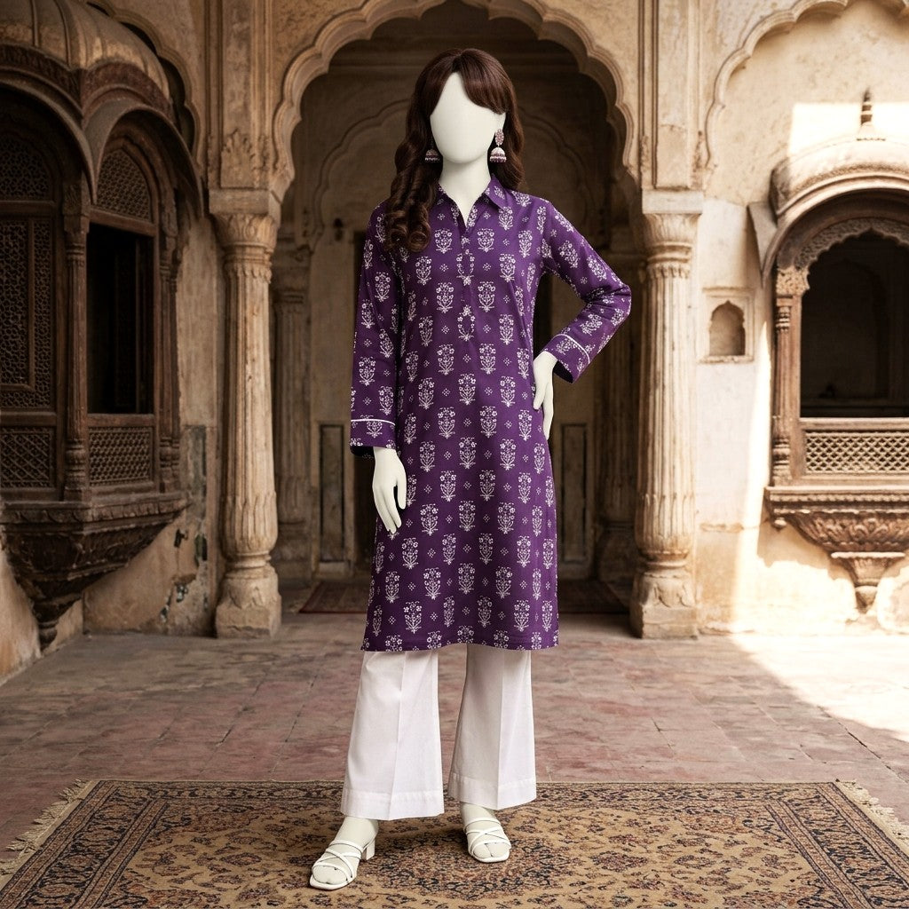Mannequin modeling a vibrant purple floral printed 2-piece unstitched lawn suit with white trousers in a traditional setting at ZH2 Store.