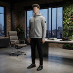 A mannequin standing in a modern office setting, wearing the premium gray zip-up hoodie from ZH2 Store.
