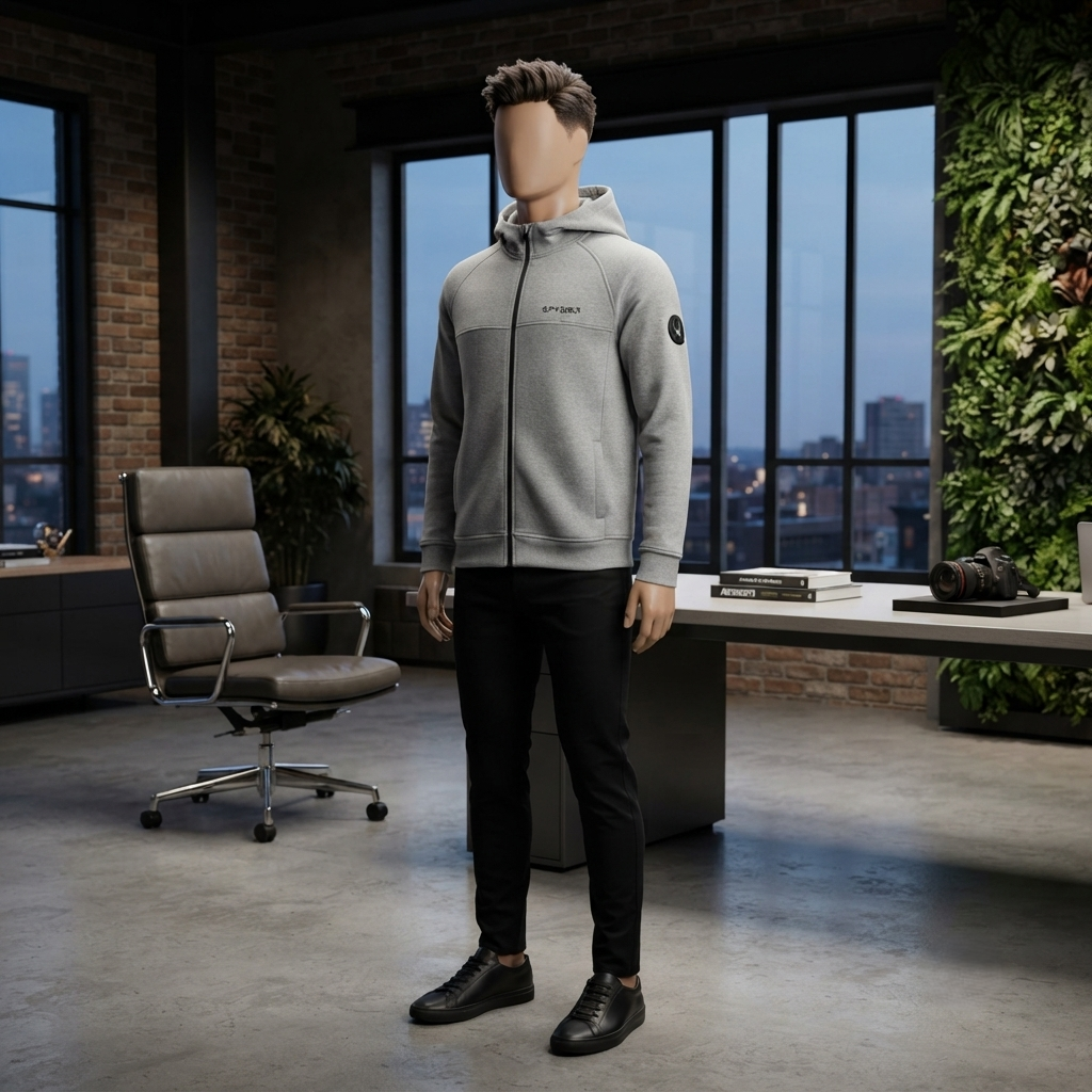 A mannequin standing in a modern office setting, wearing the premium gray zip-up hoodie from ZH2 Store.