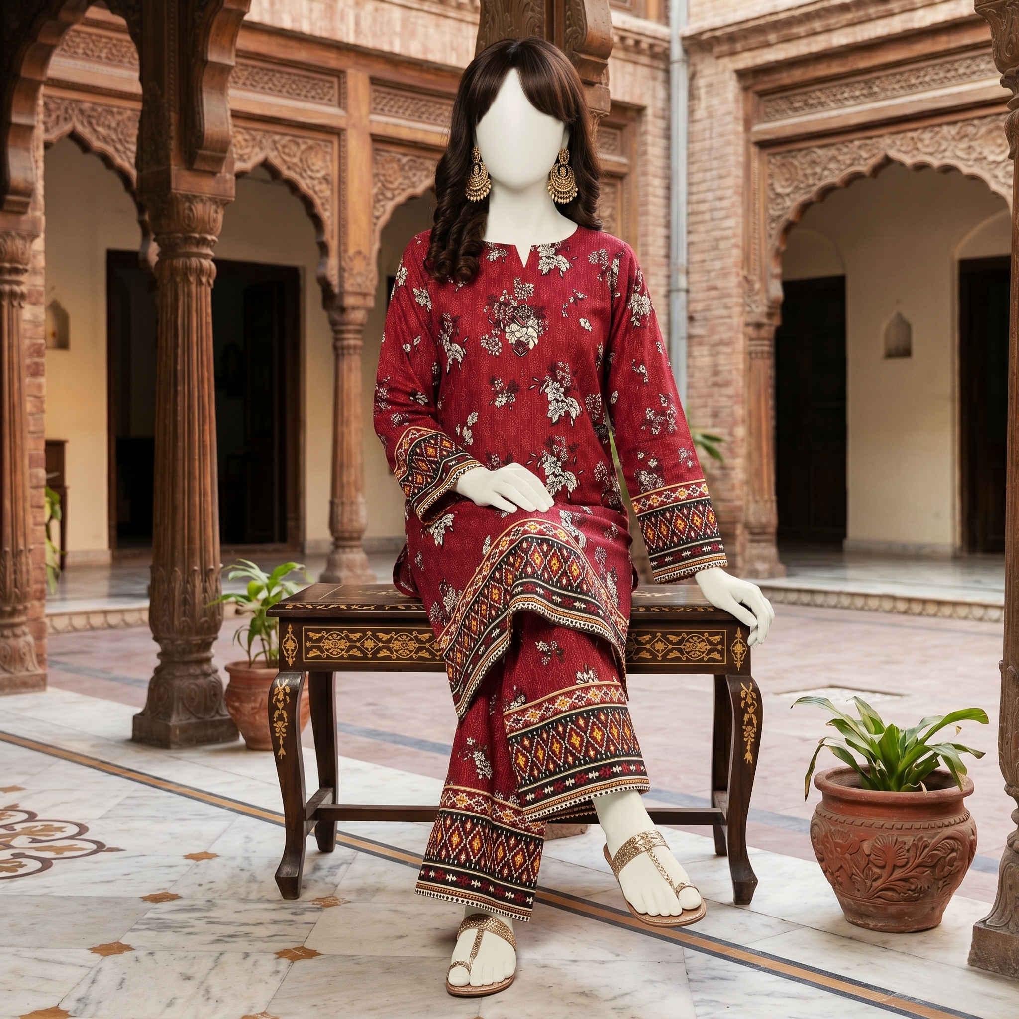 Red premium cotton lawn 2-piece unstitched suit with floral pattern and traditional chunri border.
