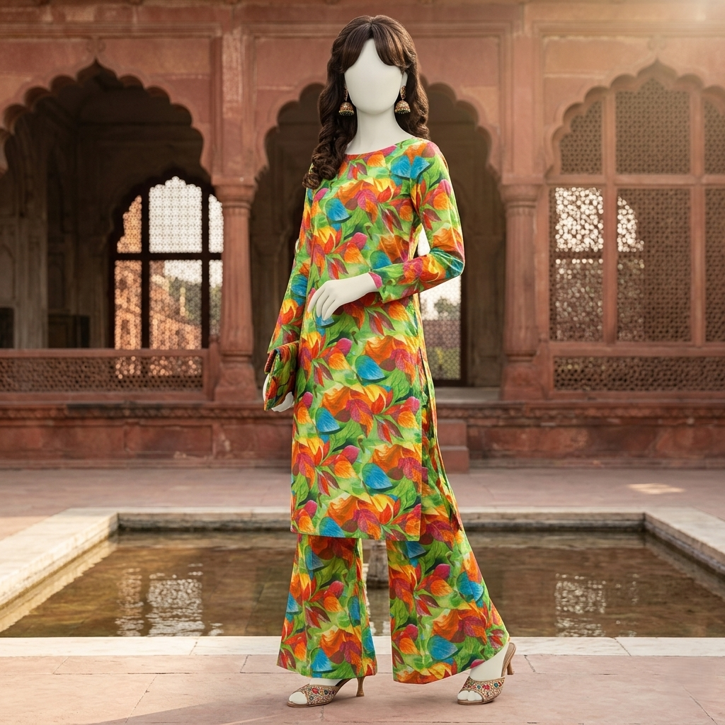"Woman standing wearing multicolour floral print cotton-silk unstitched 2-piece suit from ZH2 Store."