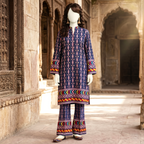 ZH2 Store premium printed cotton lawn 2-piece unstitched suit in blue with chunri border.