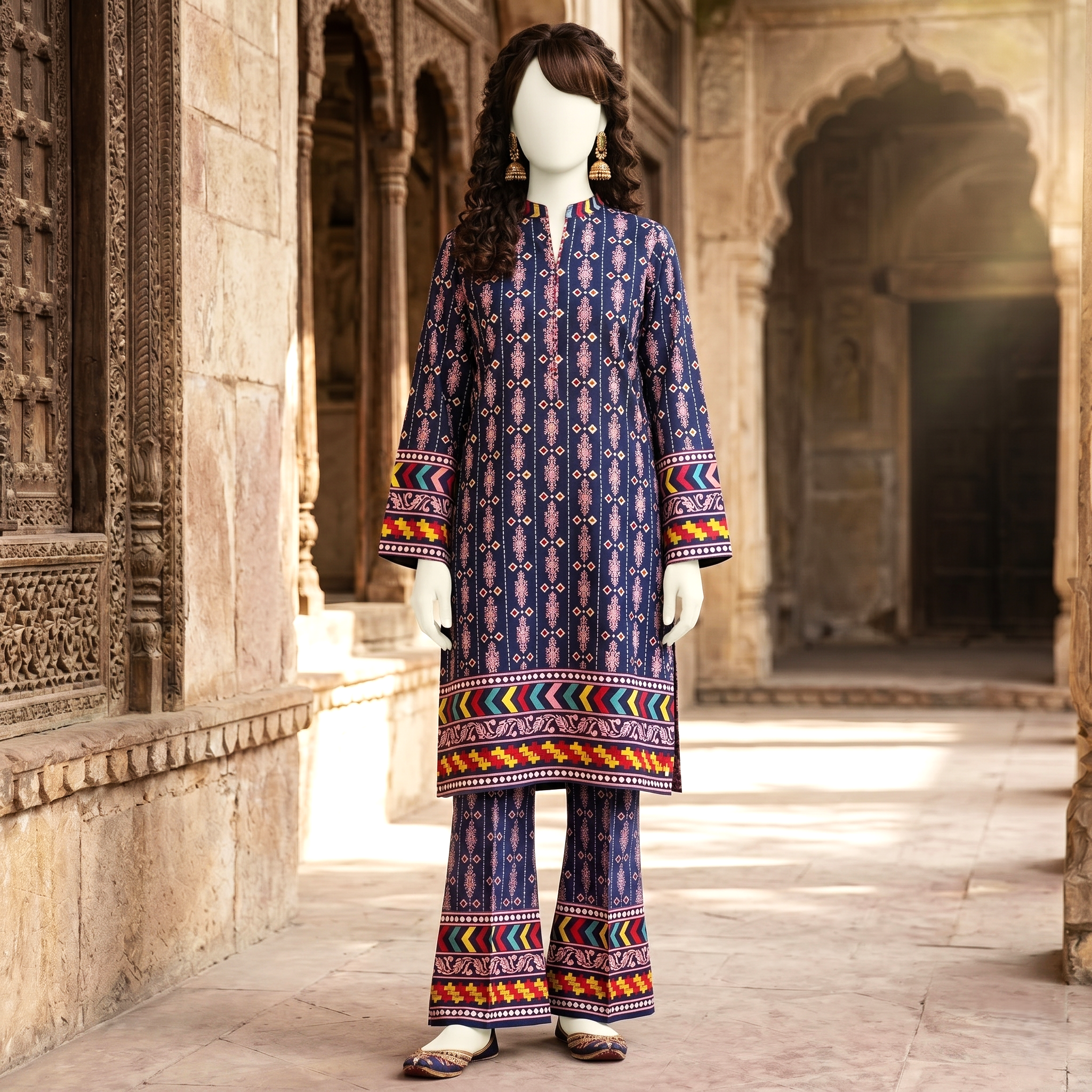 ZH2 Store premium printed cotton lawn 2-piece unstitched suit in blue with chunri border.
