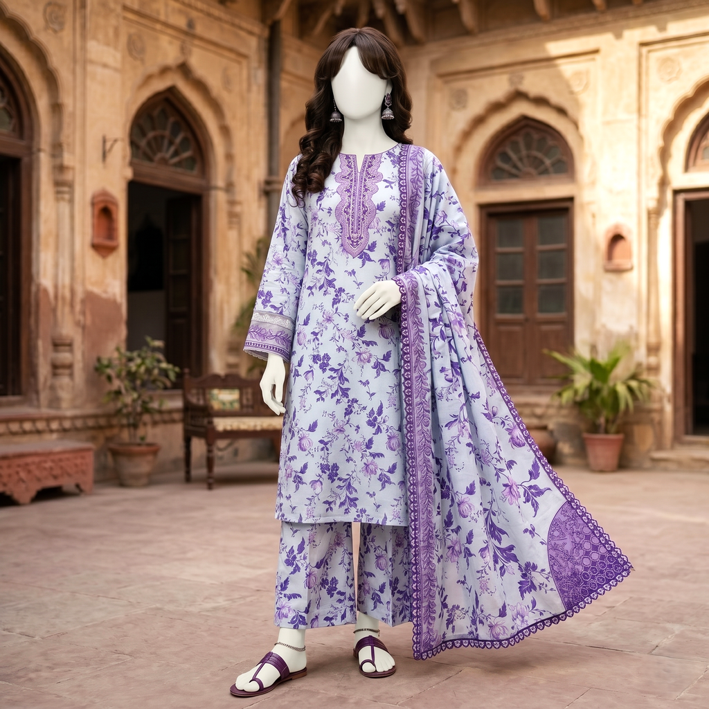 Premium 3-piece printed unstitched lawn suit collection by ZH2 Store, featuring an elegant floral and ethnic-inspired design with a 3.3-meter shirt, 2.2-meter dupatta, and 2.2-meter trouser fabric displayed on a mannequin.