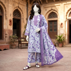 Premium 3-piece printed unstitched lawn suit collection by ZH2 Store, featuring an elegant floral and ethnic-inspired design with a 3.3-meter shirt, 2.2-meter dupatta, and 2.2-meter trouser fabric displayed on a mannequin.