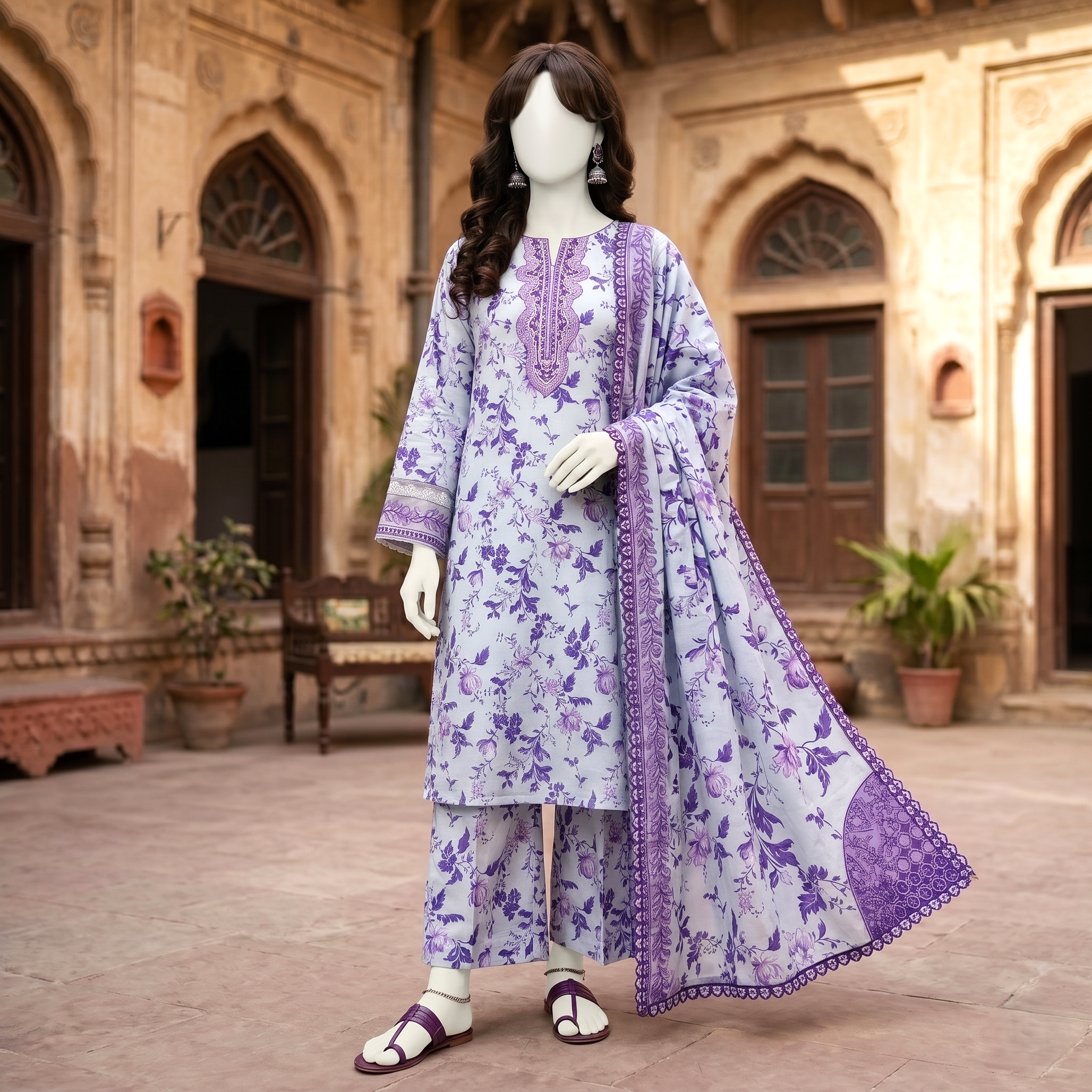 Premium 3-piece printed unstitched lawn suit collection by ZH2 Store, featuring an elegant floral and ethnic-inspired design with a 3.3-meter shirt, 2.2-meter dupatta, and 2.2-meter trouser fabric displayed on a mannequin.
