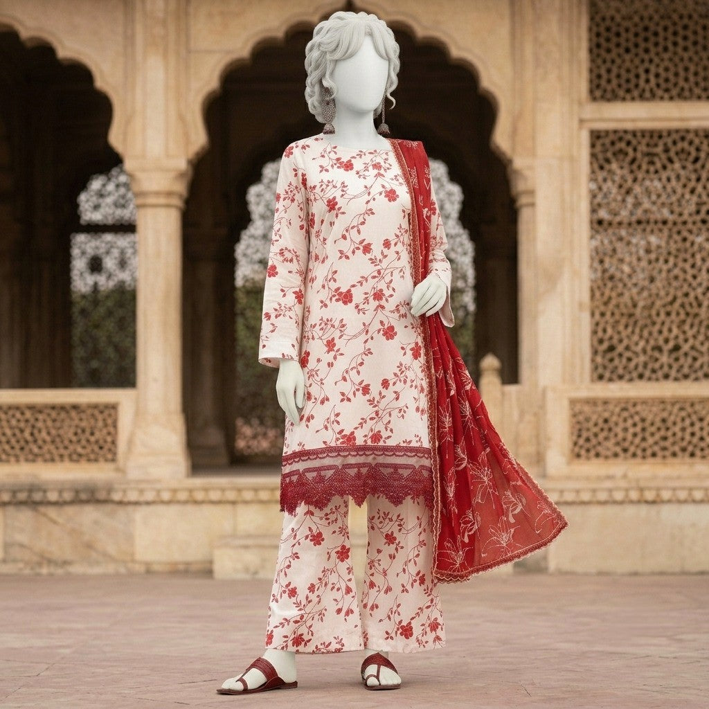 A mannequin wearing a cream-colored silk suit with a delicate red floral print, featuring a matching lace daman border and a rich red dupatta.