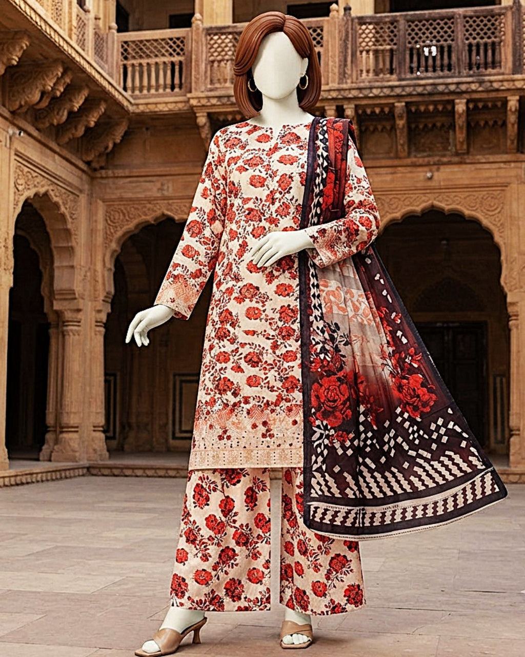 Crimson Blossom 3-Piece Unstitched Chikankari Lawn Suit with Floral Print and Dupatta