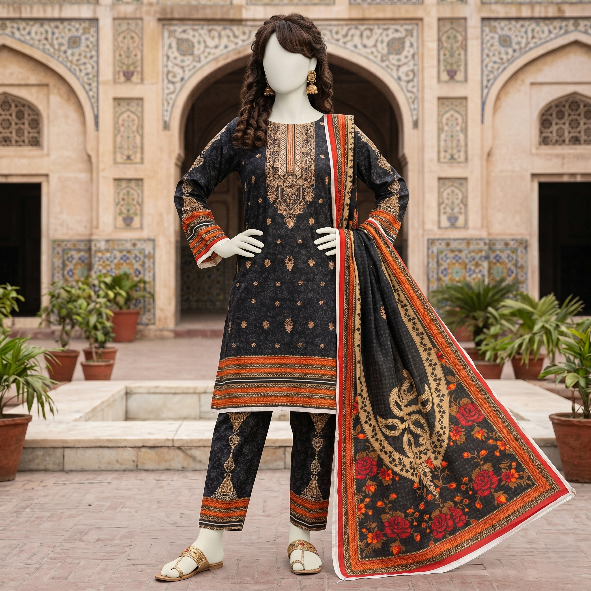 ZH2 Store Black 3-Piece Unstitched Printed Lawn Suit
