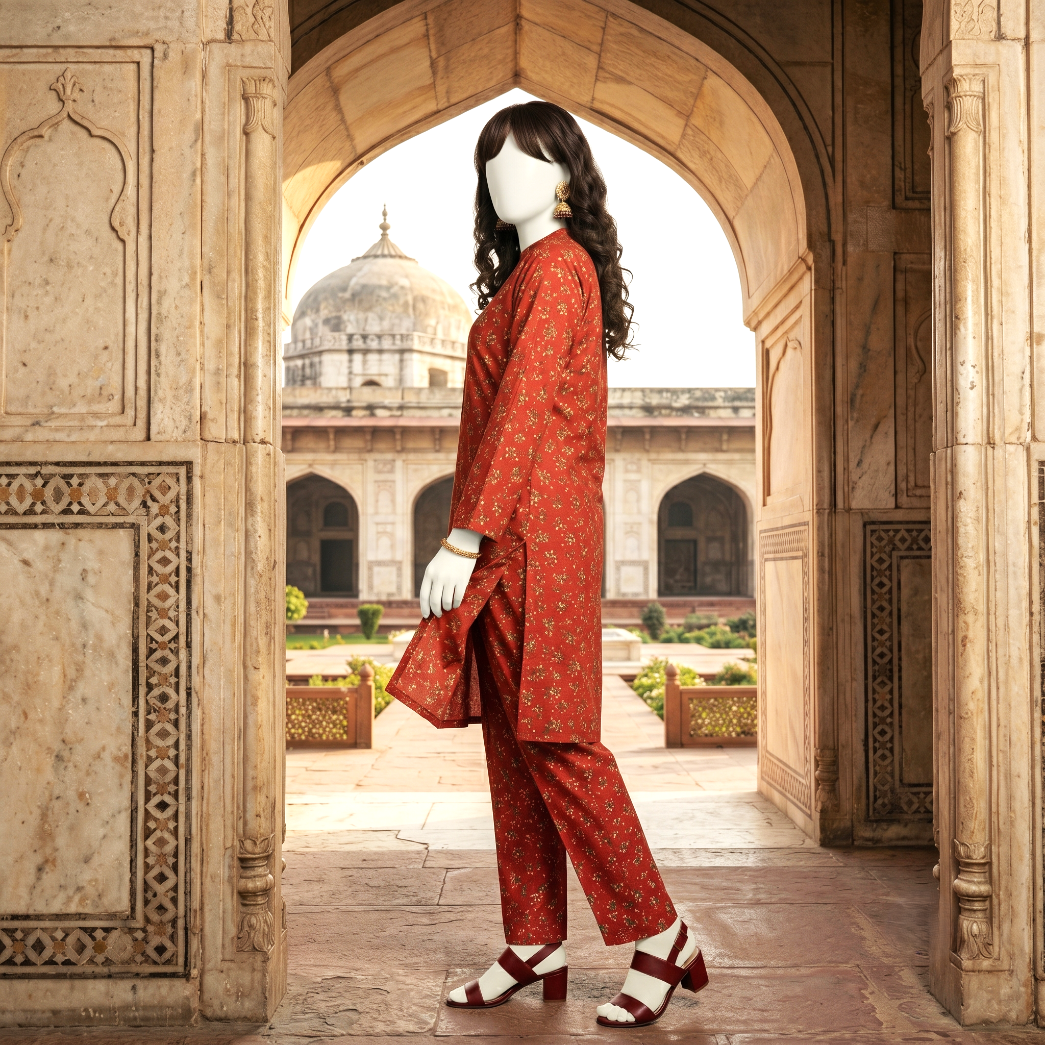"A mannequin wearing a red-colored, traditional floral printed 2-piece cotton silk unstitched suit, available at ZH2 Store."