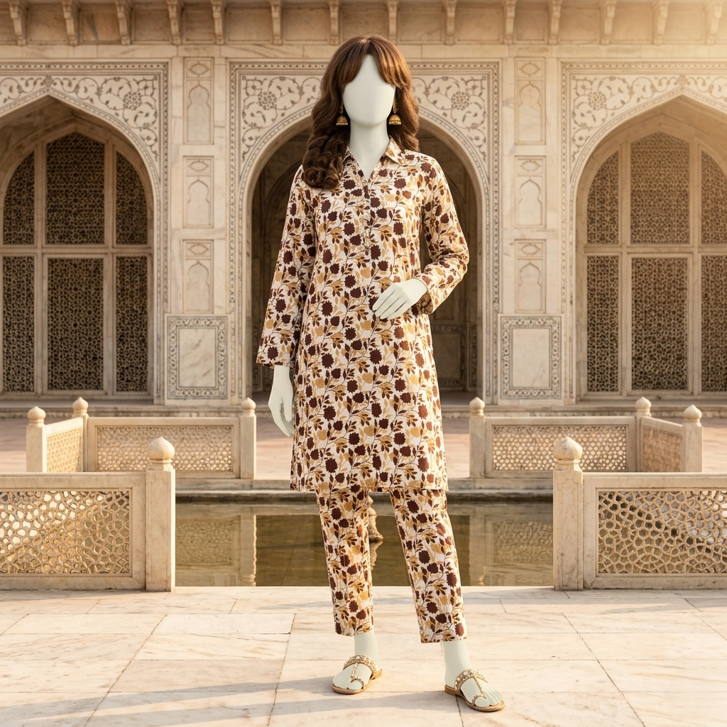 "Woman wearing a premium cotton-silk unstitched 2-piece suit with earth-tone floral prints from ZH2 Store."