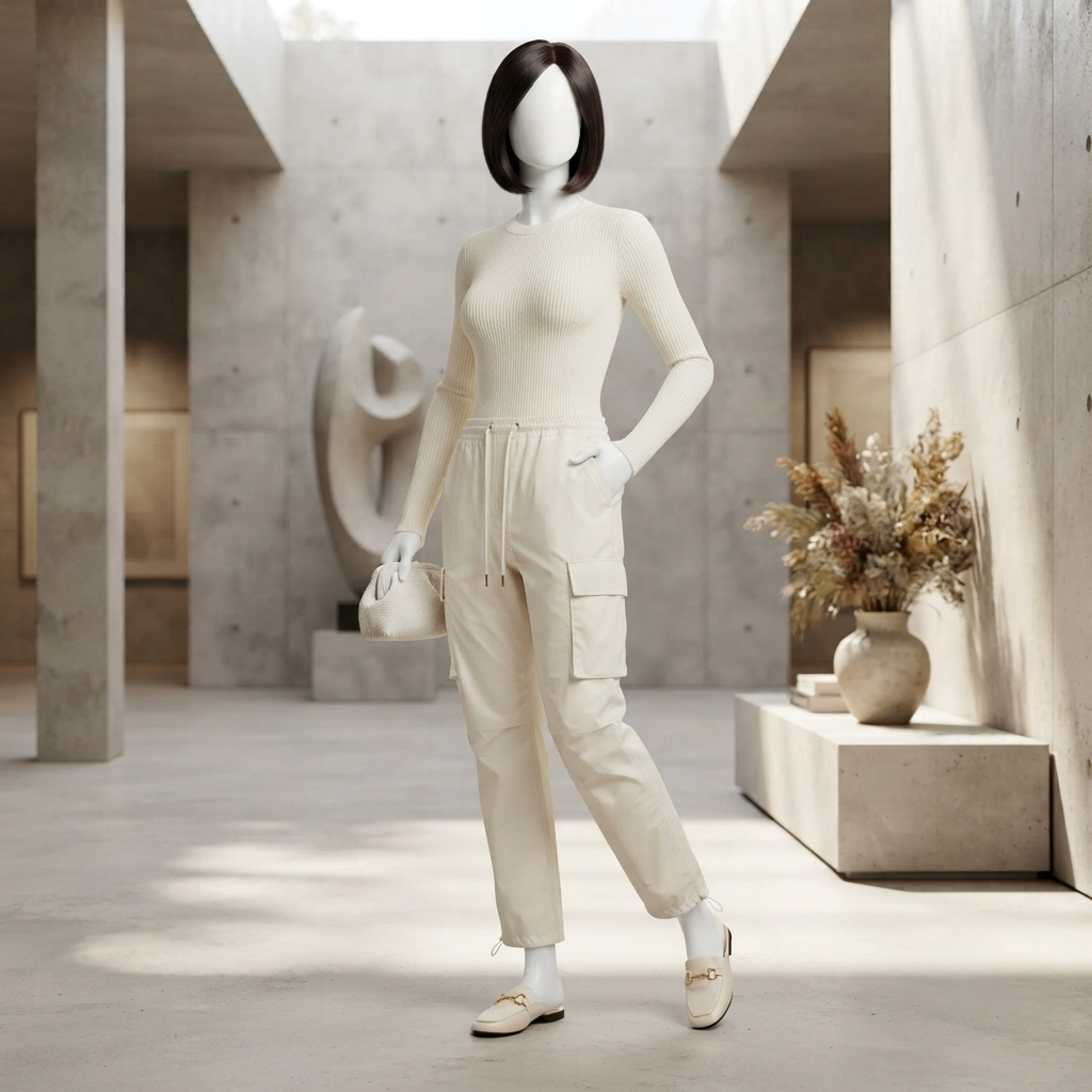 Model wearing aesthetic cargo pants with side pockets, studio setting.