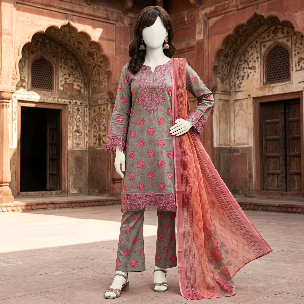 Premium 3-piece embroidered unstitched lawn suit collection by ZH2 Store, featuring a 2.2-meter shirt, 2.4-meter dupatta, and 2.3-meter trouser fabric with intricate floral and ethnic designs displayed on a mannequin.