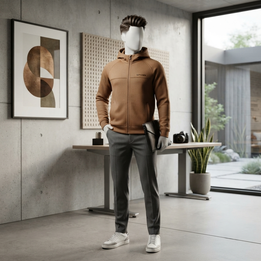 A mannequin standing in a modern studio space, wearing the premium brown zip-up hoodie from ZH2 Store.