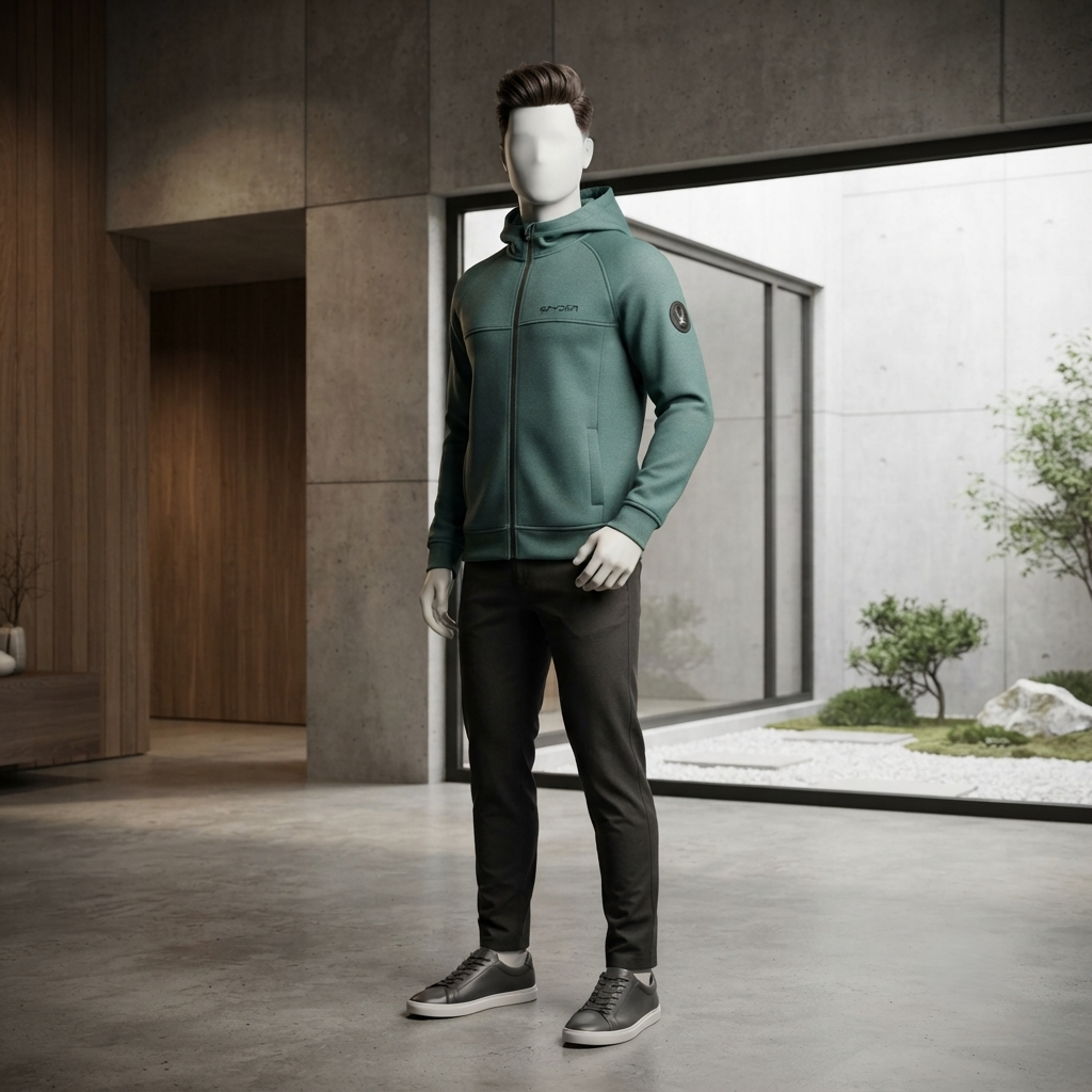 A mannequin standing in a modern, serene space wearing the grayish blue zip-up hoodie from ZH2 Store.