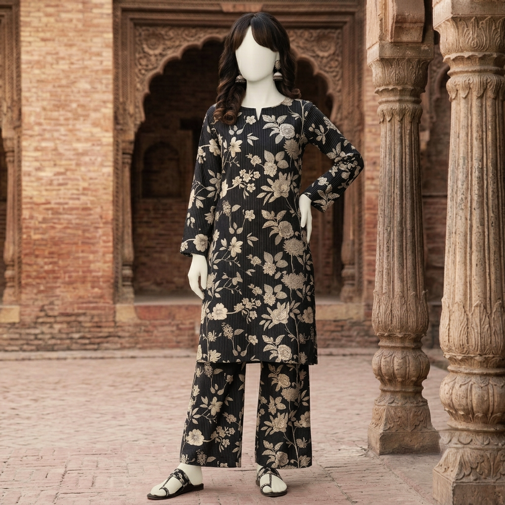 Woman’s printed cotton silk 2-piece unstitched suit, vibrant floral design, ZH2 Store collection.