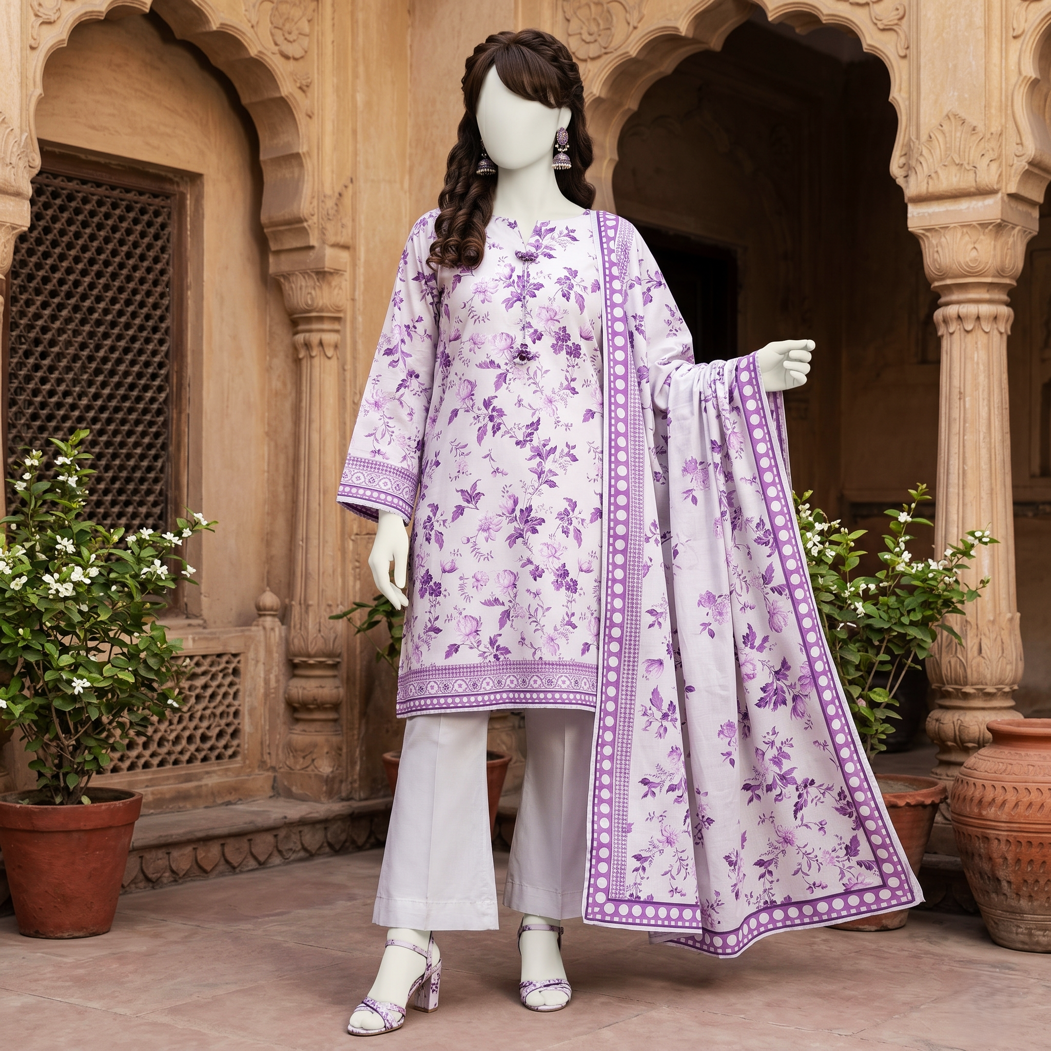 Premium 3-piece printed unstitched lawn suit collection by ZH2 Store, featuring a 2.1-meter shirt, 2.6-meter dupatta, and 2.2-meter trouser fabric with intricate floral and ethnic designs displayed on a mannequin.