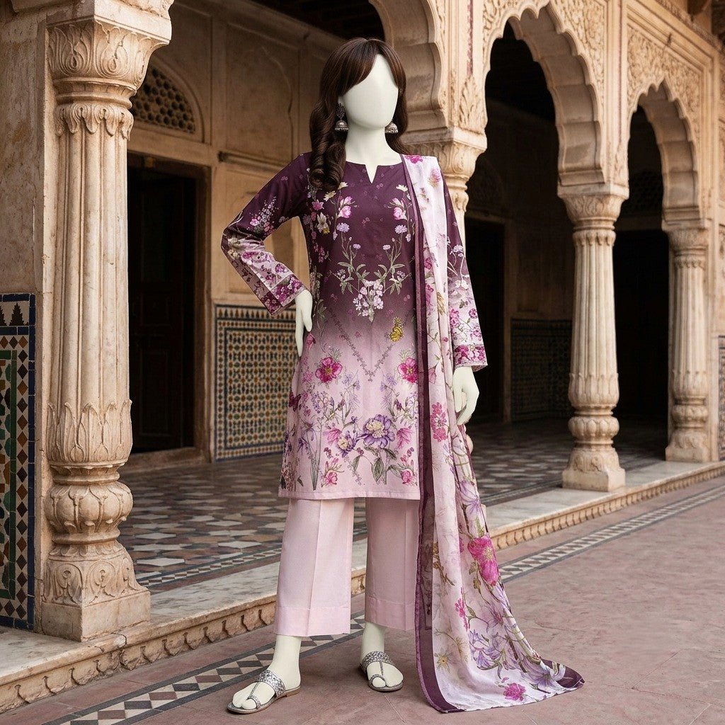 A mannequin displaying a purple and pink floral printed 3-piece unstitched lawn suit.
